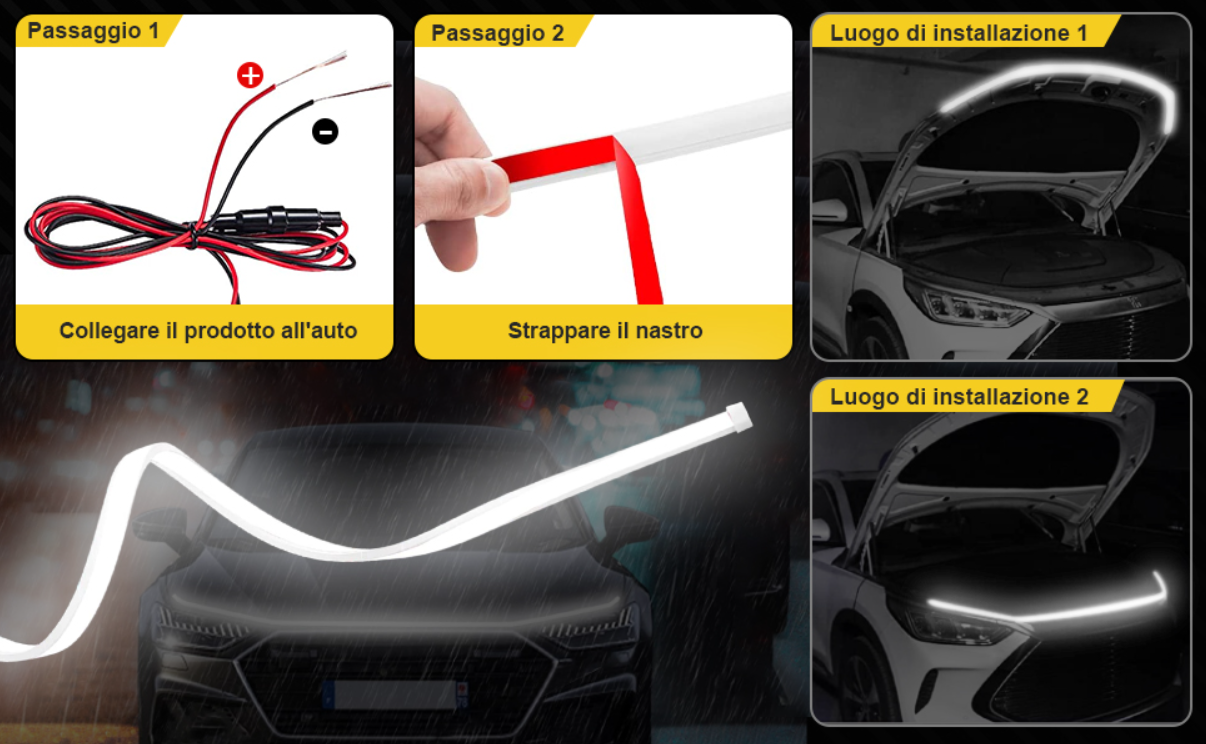 Striscia LED esterna telecomandata per cofano auto